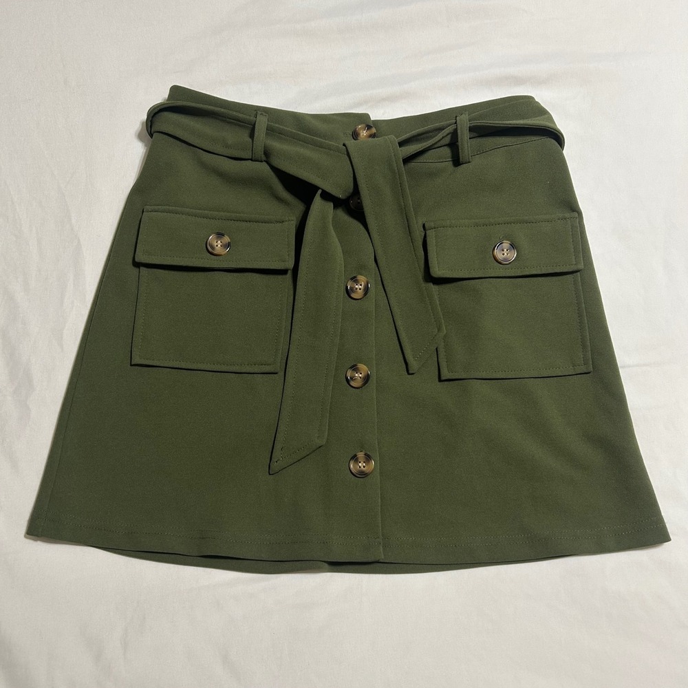 Evolutionary Olive Green Button Front Tie Waist Cargo Mini‎ Skirt Small 8BHXK490